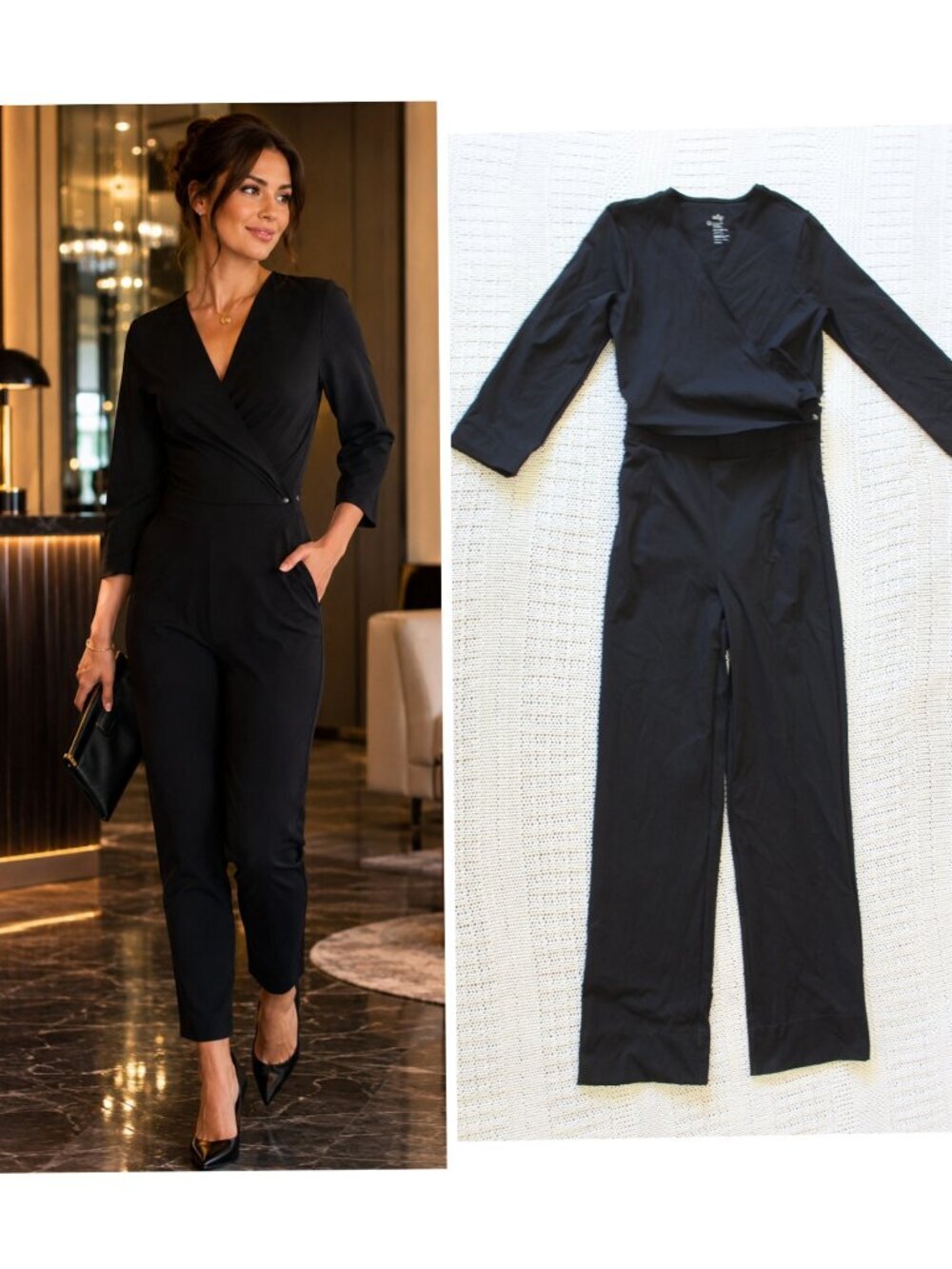 Aday Destination Black Jumpsuit XS Versatile Wrap-style Crossover top Stretch